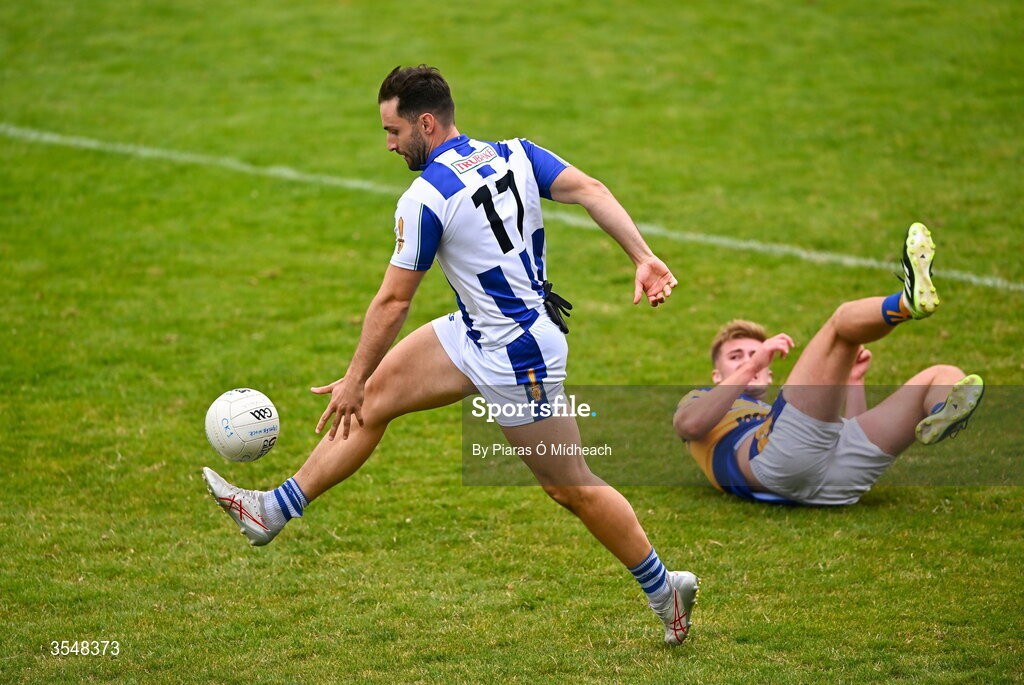 22 August 2026; Warren Egan of Ballyboden St Enda's gets way from Dylan Clarke of Castleknock during the PTSB Dublin Senior Club Football Championships Round 2 match between Ballyboden St Enda's and Castleknock at Parnell Park in Dublin. Photo by Piaras Ó Mídheach/Sportsfile
