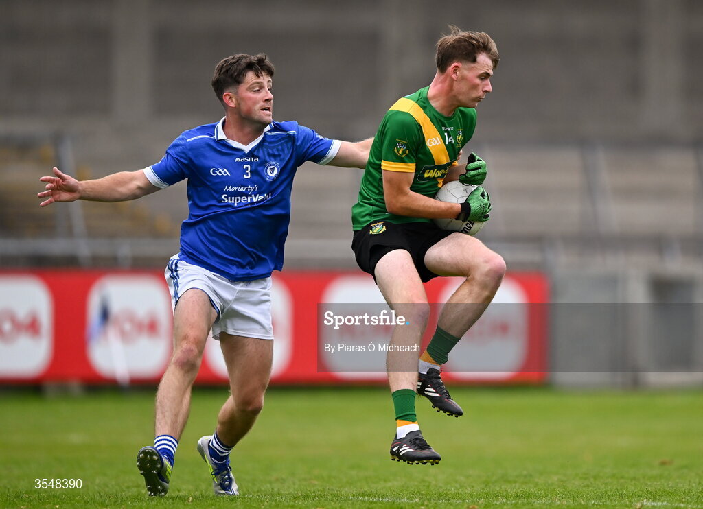 22 August 2026; Mark Nolan of Thomas Davis in action against Paul Wilde of Skerries Harps during the PTSB Dublin Senior Club Football Championships Round 2 match between Skerries Harps and Thomas Davis at Parnell Park in Dublin. Photo by Piaras Ó Mídheach/Sportsfile