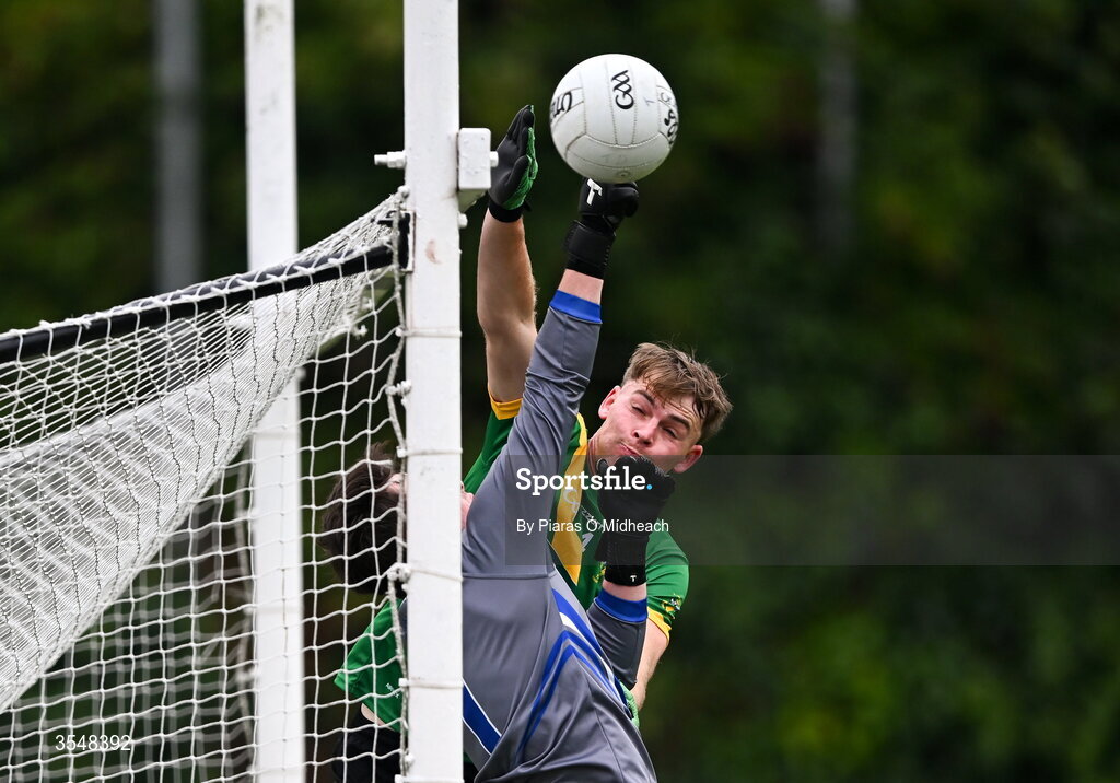 22 August 2026; Mark Nolan of Thomas Davis in action against Skerries Harps goalkeeper Cormac Rocks during the PTSB Dublin Senior Club Football Championships Round 2 match between Skerries Harps and Thomas Davis at Parnell Park in Dublin. Photo by Piaras Ó Mídheach/Sportsfile