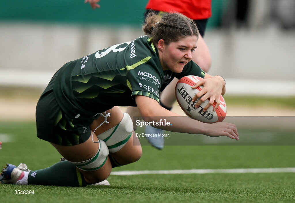 22 August 2026; Jemima Adams Verling of Connacht scores her side's second try during the Vodafone Womens Interprovincial Championship Round 3 match between Connacht and Munster at Dexcom Stadium in Galway. Photo by Brendan Moran/Sportsfile