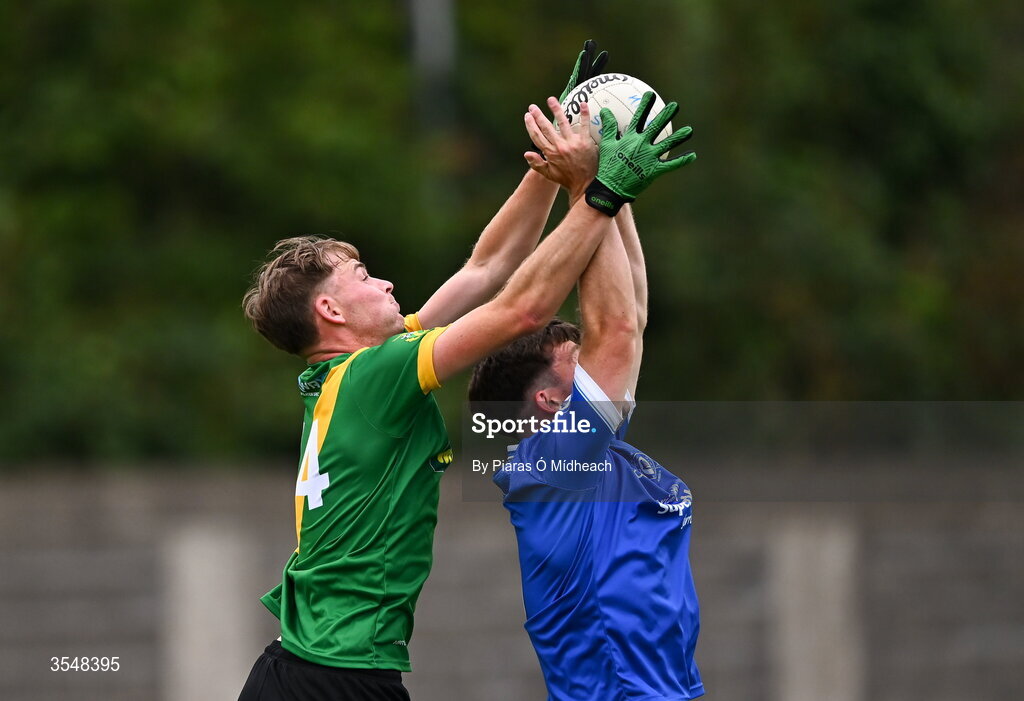 22 August 2026; Mark Nolan of Thomas Davis in action against Paul Wilde of Skerries Harps during the PTSB Dublin Senior Club Football Championships Round 2 match between Skerries Harps and Thomas Davis at Parnell Park in Dublin. Photo by Piaras Ó Mídheach/Sportsfile