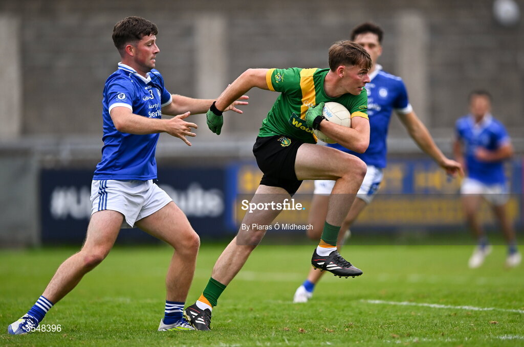 22 August 2026; Mark Nolan of Thomas Davis in action against Paul Wilde of Skerries Harps during the PTSB Dublin Senior Club Football Championships Round 2 match between Skerries Harps and Thomas Davis at Parnell Park in Dublin. Photo by Piaras Ó Mídheach/Sportsfile