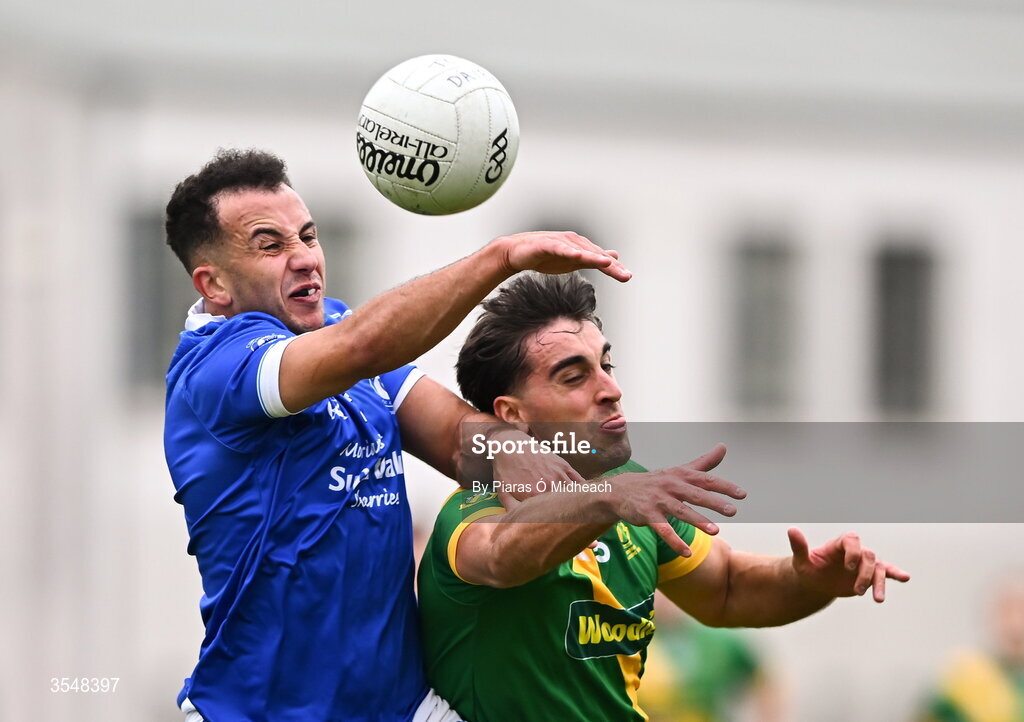 22 August 2026; Adam El Shamy of Skerries Harps in action against Chris Sallier of Thomas Davis during the PTSB Dublin Senior Club Football Championships Round 2 match between Skerries Harps and Thomas Davis at Parnell Park in Dublin. Photo by Piaras Ó Mídheach/Sportsfile