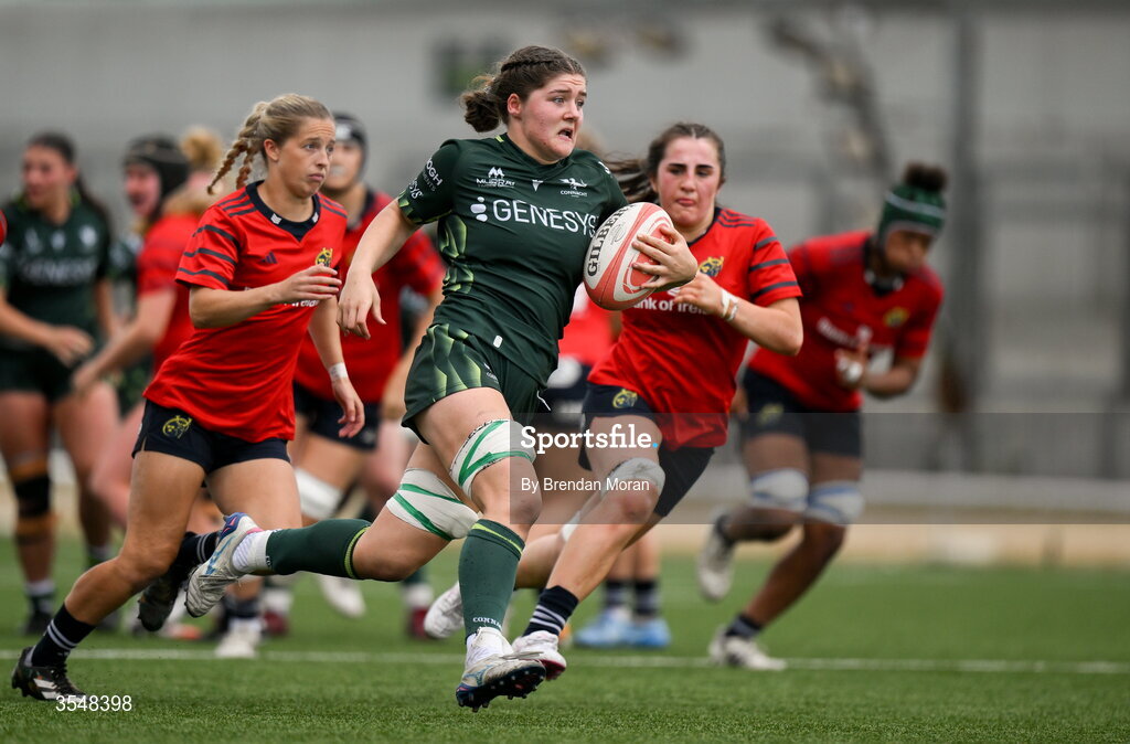 22 August 2026; Jemima Adams Verling of Connacht on the way to scoring her side's second try during the Vodafone Womens Interprovincial Championship Round 3 match between Connacht and Munster at Dexcom Stadium in Galway. Photo by Brendan Moran/Sportsfile