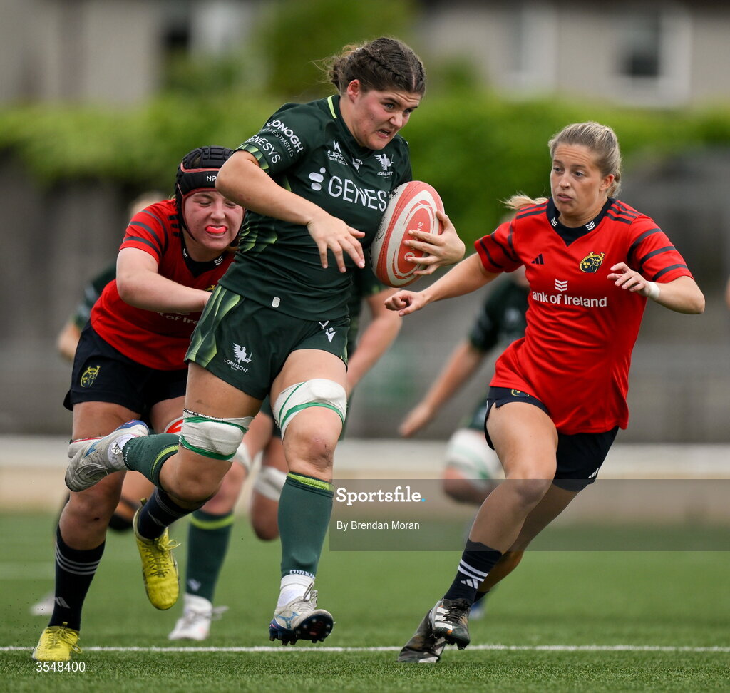 22 August 2026; Jemima Adams Verling of Connacht on the way to scoring her side's second try during the Vodafone Womens Interprovincial Championship Round 3 match between Connacht and Munster at Dexcom Stadium in Galway. Photo by Brendan Moran/Sportsfile