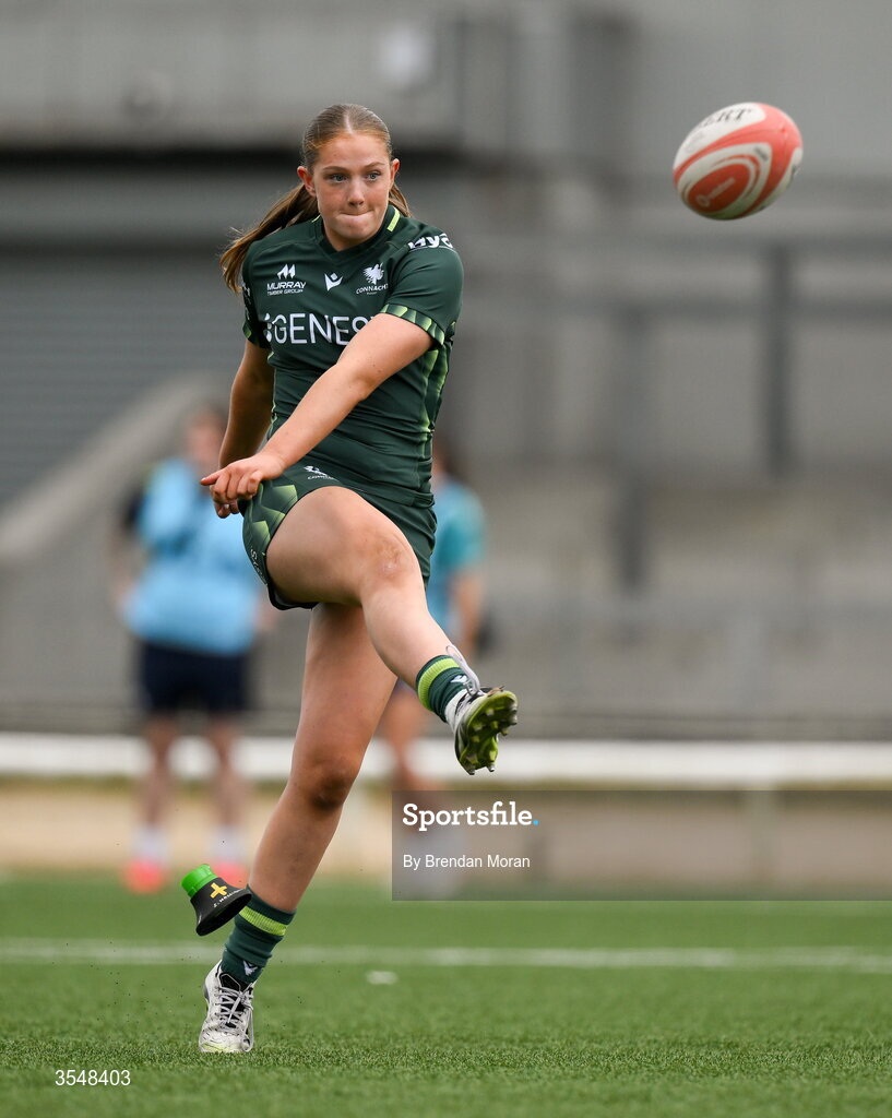 22 August 2026; Siofra Hession of Connacht kicks a conversion during the Vodafone Womens Interprovincial Championship Round 3 match between Connacht and Munster at Dexcom Stadium in Galway. Photo by Brendan Moran/Sportsfile