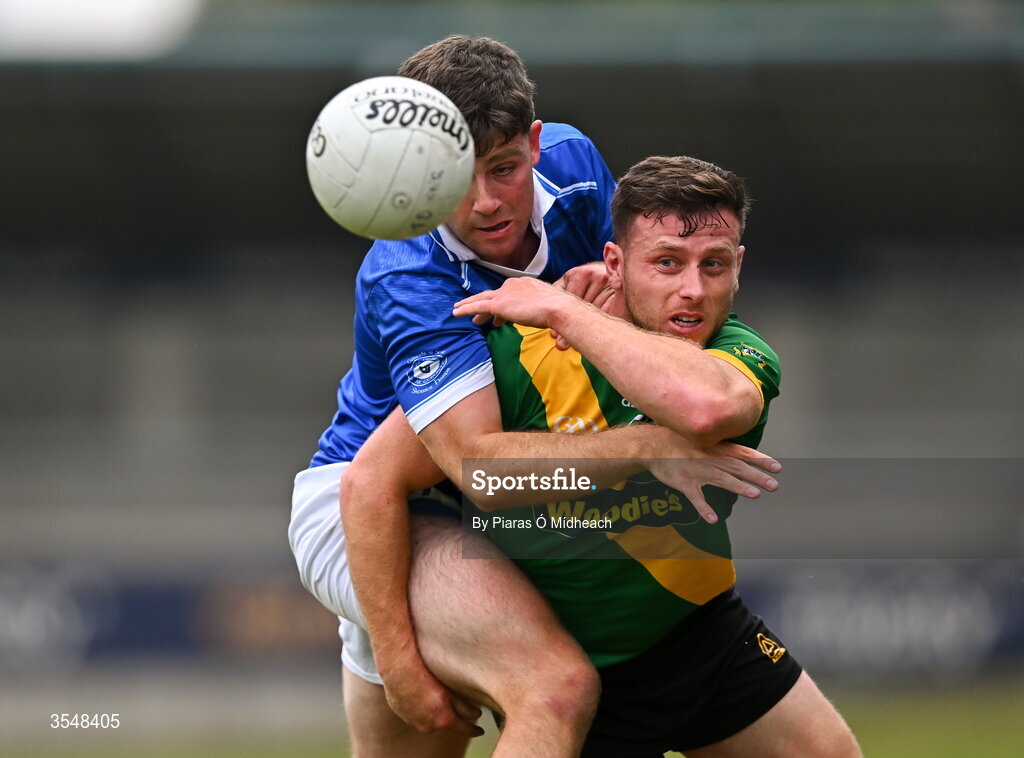 22 August 2026; Davy Keogh of Thomas Davis in action against Paul Wilde of Skerries Harps during the PTSB Dublin Senior Club Football Championships Round 2 match between Skerries Harps and Thomas Davis at Parnell Park in Dublin. Photo by Piaras Ó Mídheach/Sportsfile