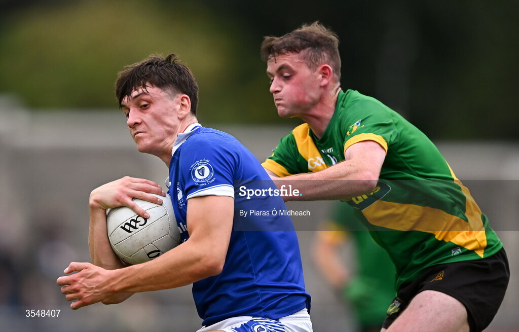 22 August 2026; Tim Deering of Skerries Harps in action against Conor Gilfoyle of Thomas Davis during the PTSB Dublin Senior Club Football Championships Round 2 match between Skerries Harps and Thomas Davis at Parnell Park in Dublin. Photo by Piaras Ó Mídheach/Sportsfile