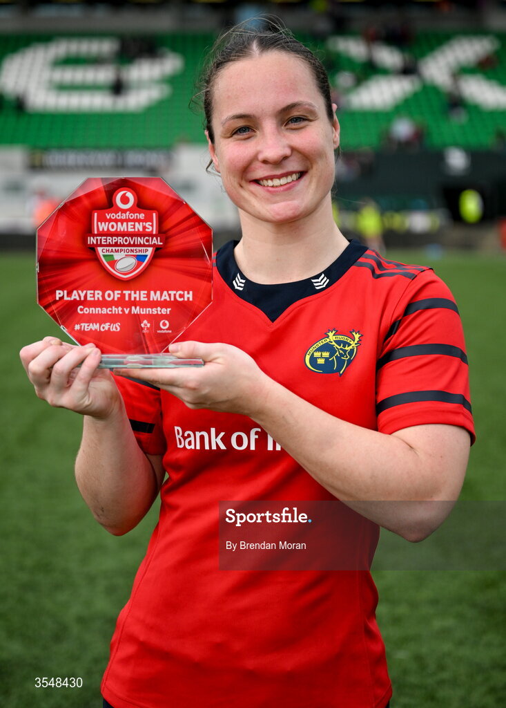 22 August 2026; Alana McInerney of Munster with her  Vodafone Player of the Match award after the Vodafone Womens Interprovincial Championship Round 3 match between Connacht and Munster at Dexcom Stadium in Galway. Photo by Brendan Moran/Sportsfile