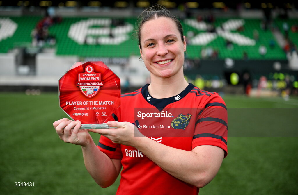 22 August 2026; Alana McInerney of Munster with her  Vodafone Player of the Match award after the Vodafone Womens Interprovincial Championship Round 3 match between Connacht and Munster at Dexcom Stadium in Galway. Photo by Brendan Moran/Sportsfile