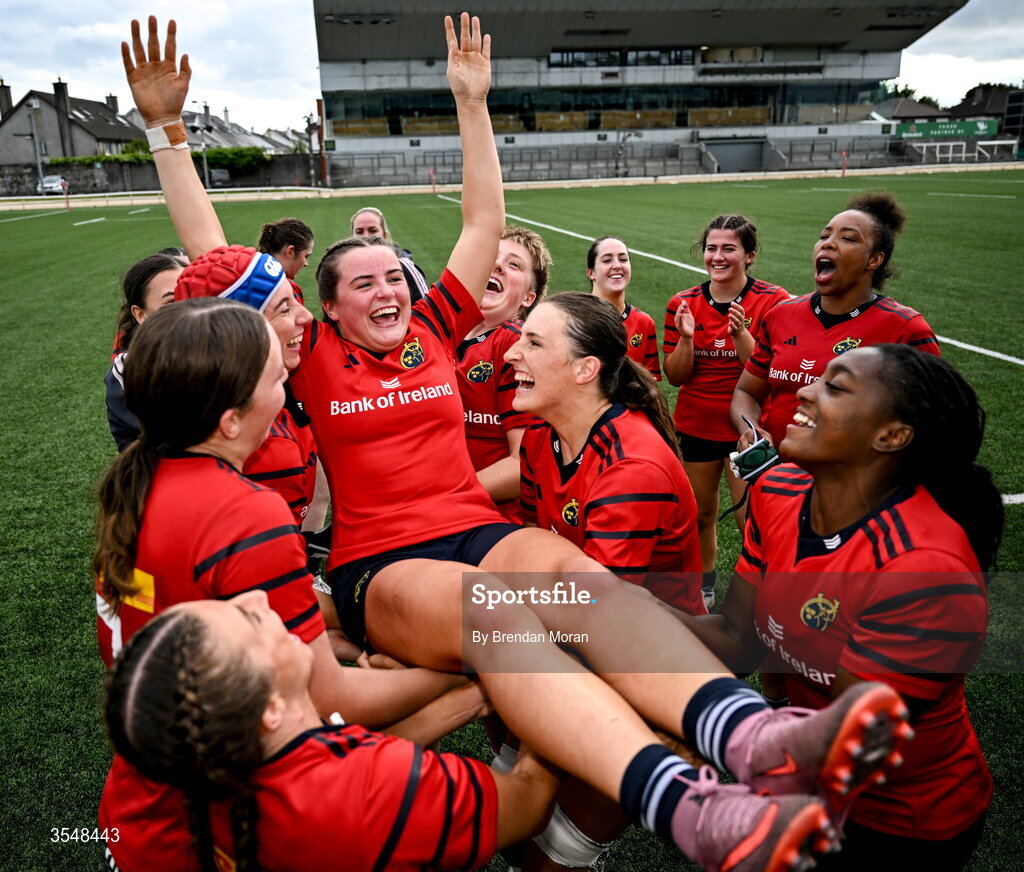 22 August 2026; Katie Corrigan of Munster is given the birthday bumps by her teammates after the Vodafone Womens Interprovincial Championship Round 3 match between Connacht and Munster at Dexcom Stadium in Galway. Photo by Brendan Moran/Sportsfile