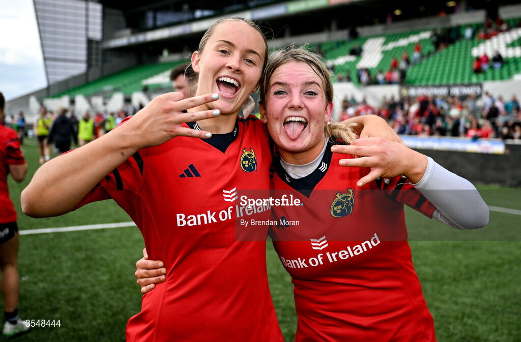 22 August 2026; Lucia Linn, left, and Kate Flannery of Munster celebrate after the Vodafone Womens Interprovincial Championship Round 3 match between Connacht and Munster at Dexcom Stadium in Galway. Photo by Brendan Moran/Sportsfile