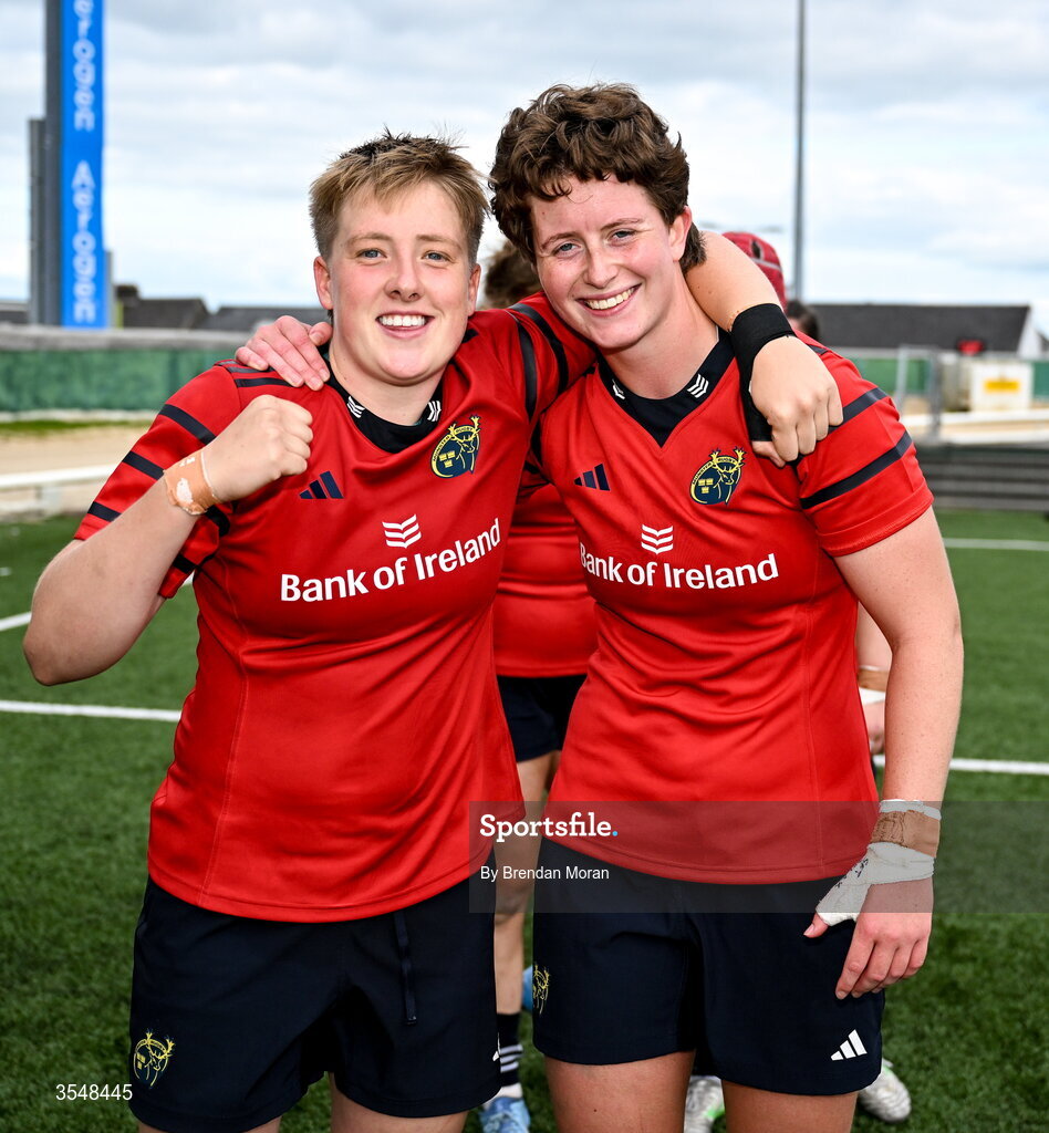 22 August 2026; Beth Buttimer, left, and Caitríona Finn of Munster celebrate after the Vodafone Womens Interprovincial Championship Round 3 match between Connacht and Munster at Dexcom Stadium in Galway. Photo by Brendan Moran/Sportsfile