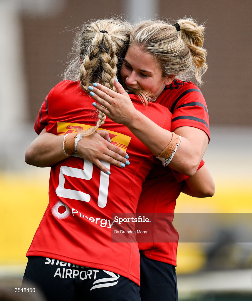 22 August 2026; Aoife Corey, right, and Abbie Salter-Townshend of Munster celebrate at the final whistle of the Vodafone Womens Interprovincial Championship Round 3 match between Connacht and Munster at Dexcom Stadium in Galway. Photo by Brendan Moran/Sportsfile