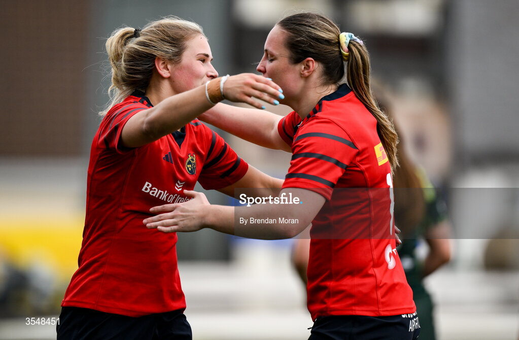 22 August 2026; Aoife Corey, left, and Alana McInerney of Munster celebrate at the final whistle of the Vodafone Womens Interprovincial Championship Round 3 match between Connacht and Munster at Dexcom Stadium in Galway. Photo by Brendan Moran/Sportsfile
