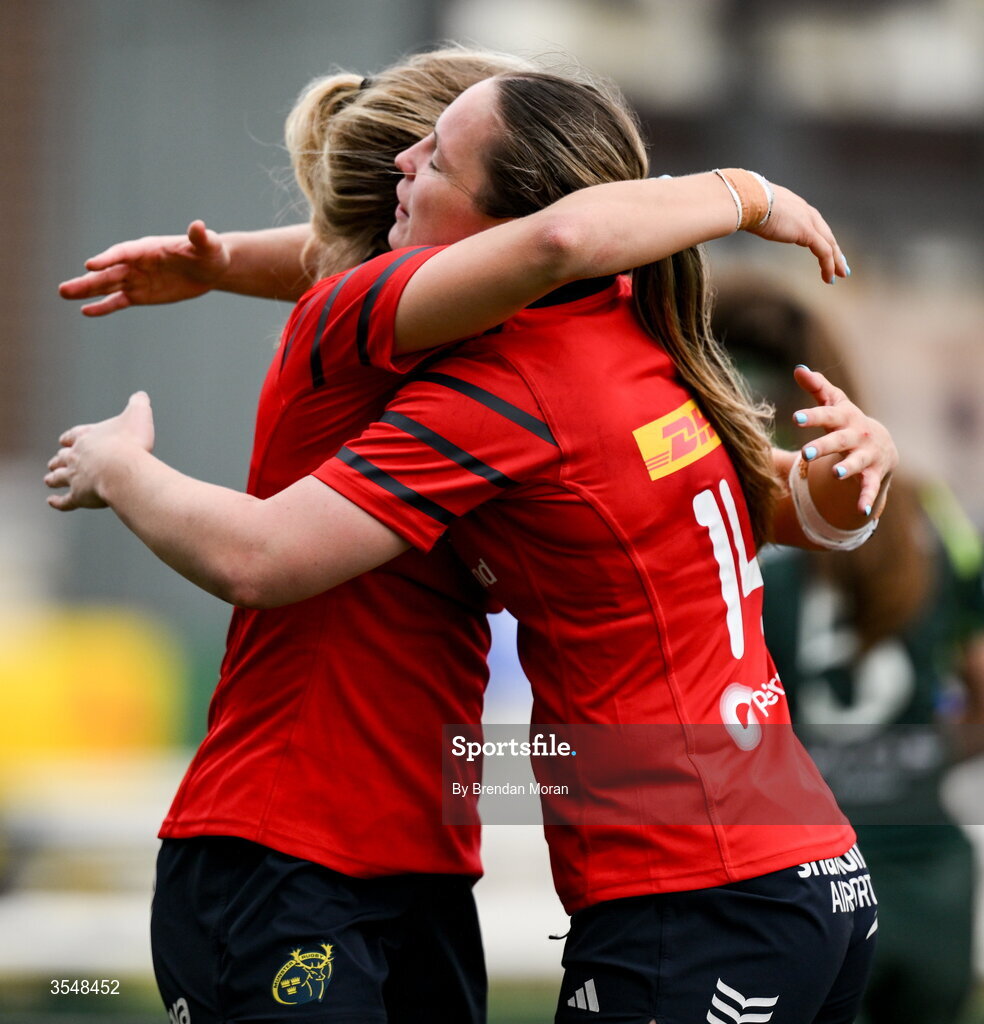 22 August 2026; Aoife Corey, left, and Alana McInerney of Munster celebrate at the final whistle of the Vodafone Womens Interprovincial Championship Round 3 match between Connacht and Munster at Dexcom Stadium in Galway. Photo by Brendan Moran/Sportsfile