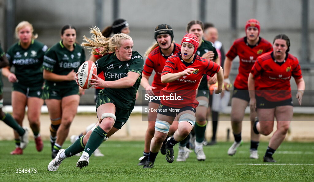 22 August 2026; Ailish Quinn of Connacht makes a breakk during the Vodafone Womens Interprovincial Championship Round 3 match between Connacht and Munster at Dexcom Stadium in Galway. Photo by Brendan Moran/Sportsfile