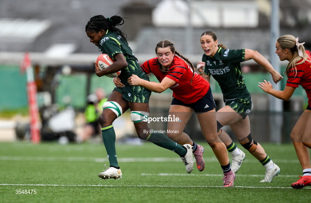 22 August 2026; Faith Oviawe of Connacht is tackled by Katie Corrigan of Munster during the Vodafone Womens Interprovincial Championship Round 3 match between Connacht and Munster at Dexcom Stadium in Galway. Photo by Brendan Moran/Sportsfile