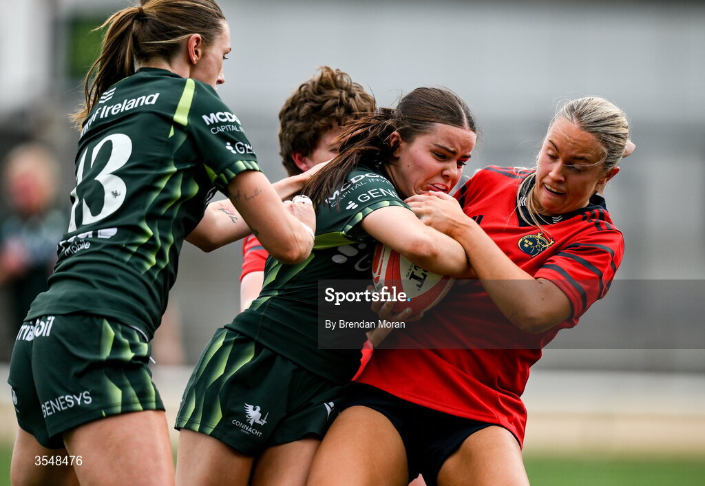 22 August 2026; Emily Foley of Connacht is tackled by Lucia Linn of Munster during the Vodafone Womens Interprovincial Championship Round 3 match between Connacht and Munster at Dexcom Stadium in Galway. Photo by Brendan Moran/Sportsfile
