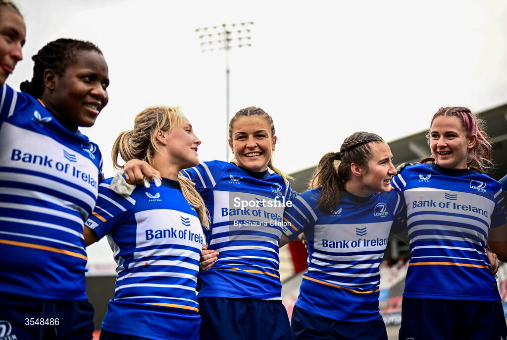 22 August 2026; Erin King of Leinster, centre, and team-mates after their side's victory in the Vodafone Womens Interprovincial Championship Round 3 match between Ulster and Leinster at Affidea Stadium in Belfast. Photo by Shauna Clinton/Sportsfile