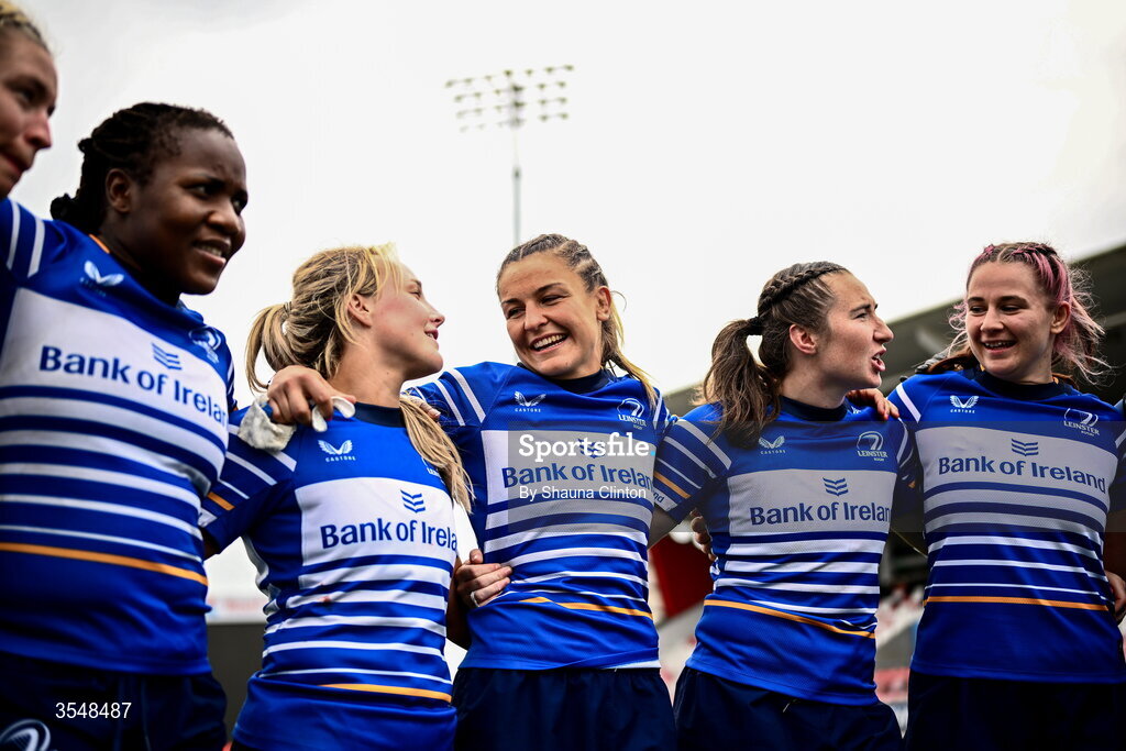 22 August 2026; Erin King of Leinster, centre, and team-mates after their side's victory in the Vodafone Womens Interprovincial Championship Round 3 match between Ulster and Leinster at Affidea Stadium in Belfast. Photo by Shauna Clinton/Sportsfile