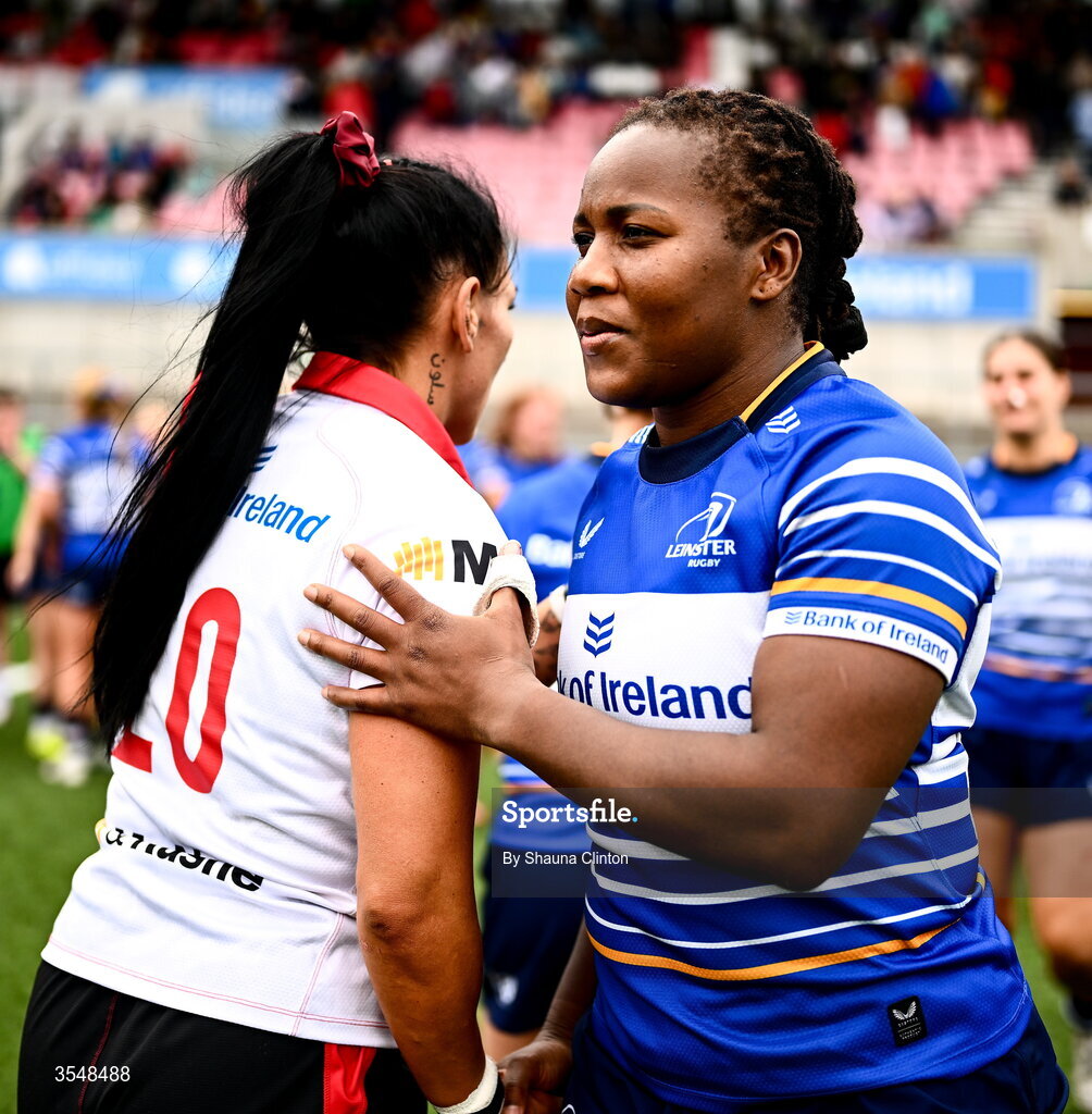 22 August 2026; Linda Djougang of Leinster and Stacey Sloan of Ulster after the Vodafone Womens Interprovincial Championship Round 3 match between Ulster and Leinster at Affidea Stadium in Belfast. Photo by Shauna Clinton/Sportsfile