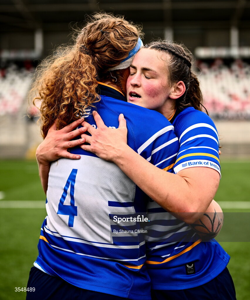22 August 2026; Regan Casey of Leinster, right, and team-mate Ruth Campbell after the Vodafone Womens Interprovincial Championship Round 3 match between Ulster and Leinster at Affidea Stadium in Belfast. Photo by Shauna Clinton/Sportsfile