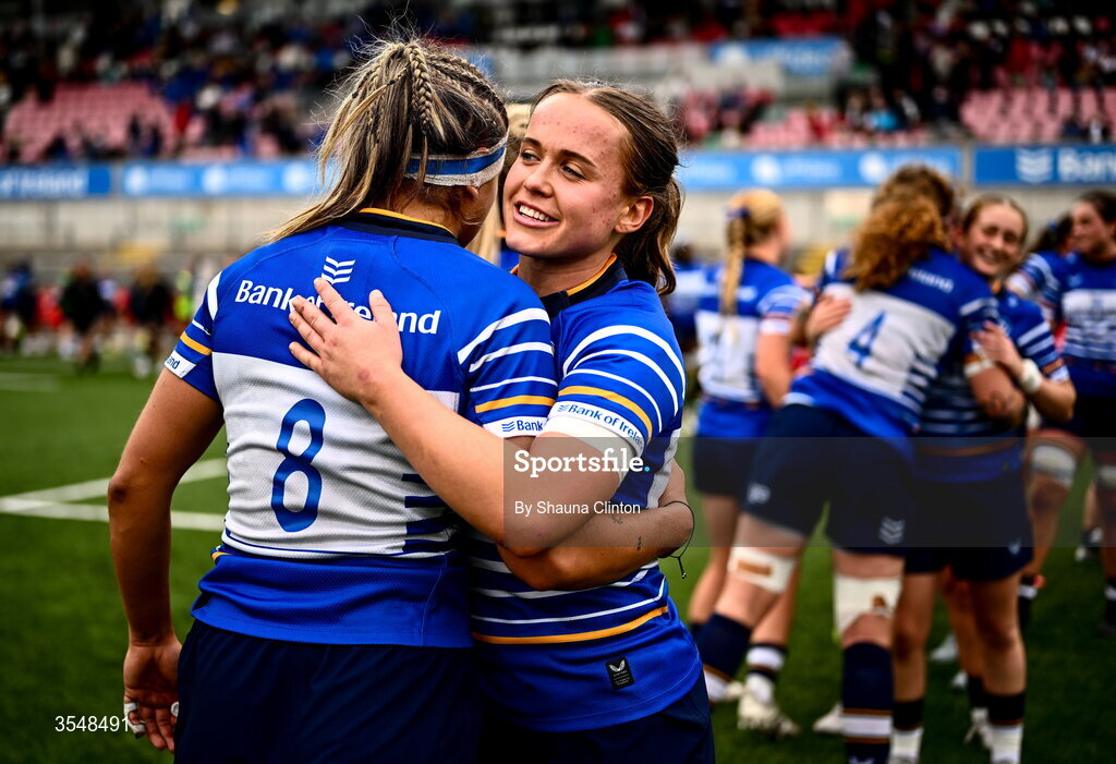 22 August 2026; Robyn O'Connor of Leinster, right, and team-mate Erin King after the Vodafone Womens Interprovincial Championship Round 3 match between Ulster and Leinster at Affidea Stadium in Belfast. Photo by Shauna Clinton/Sportsfile