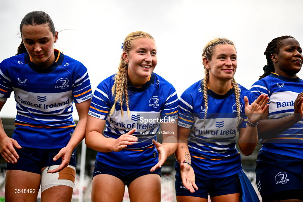 22 August 2026; Leinster players, from left, Niamh Murphy, Alex Connor, Kathy Baker and Linda Djougang after the Vodafone Womens Interprovincial Championship Round 3 match between Ulster and Leinster at Affidea Stadium in Belfast. Photo by Shauna Clinton/Sportsfile