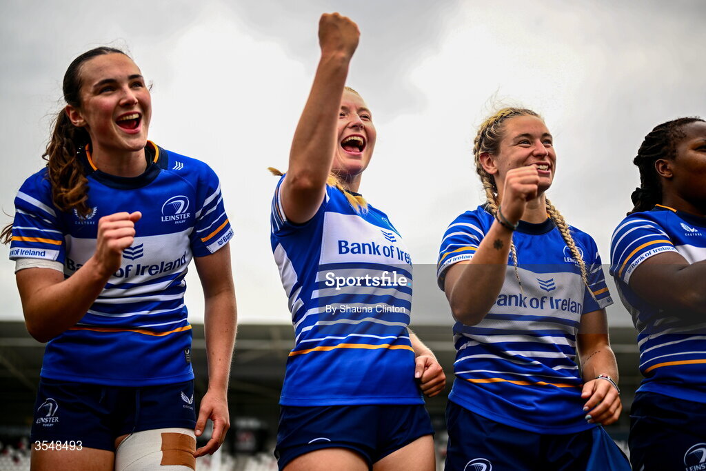 22 August 2026; Leinster players, from left, Niamh Murphy, Alex Connor, Kathy Baker and Linda Djougang after the Vodafone Womens Interprovincial Championship Round 3 match between Ulster and Leinster at Affidea Stadium in Belfast. Photo by Shauna Clinton/Sportsfile