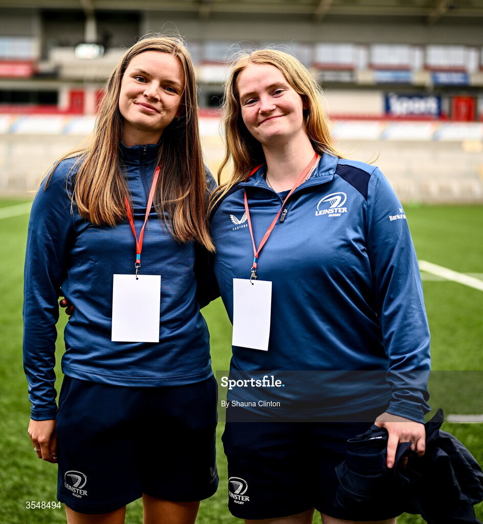22 August 2026; Leinster nutritionist Rachel Walker, left, and Leinster attack and defence intern Eleana McGrath after the Vodafone Womens Interprovincial Championship Round 3 match between Ulster and Leinster at Affidea Stadium in Belfast. Photo by Shauna Clinton/Sportsfile