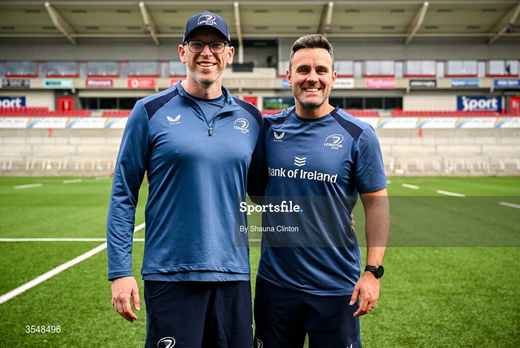 22 August 2026; Leinster physio Stephen Armstrong, left, and Leinster transition coach Adam Philphot after the Vodafone Womens Interprovincial Championship Round 3 match between Ulster and Leinster at Affidea Stadium in Belfast. Photo by Shauna Clinton/Sportsfile