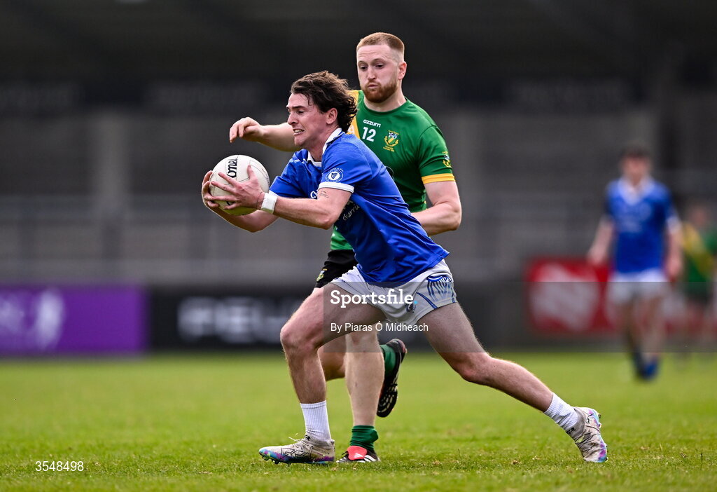 22 August 2026; Stephen Smith of Skerries Harps in action against Seán Farrelly of Thomas Davis during the PTSB Dublin Senior Club Football Championships Round 2 match between Skerries Harps and Thomas Davis at Parnell Park in Dublin. Photo by Piaras Ó Mídheach/Sportsfile