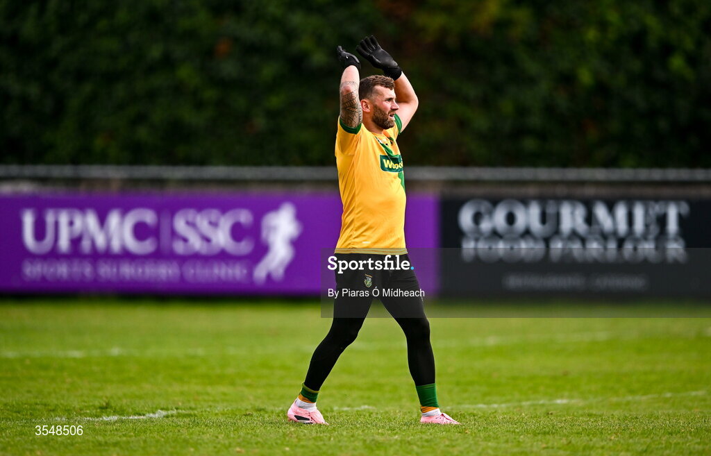 22 August 2026; Thomas Davis goalkeeper Robert Crilly during the final moments of the PTSB Dublin Senior Club Football Championships Round 2 match between Skerries Harps and Thomas Davis at Parnell Park in Dublin. Photo by Piaras Ó Mídheach/Sportsfile