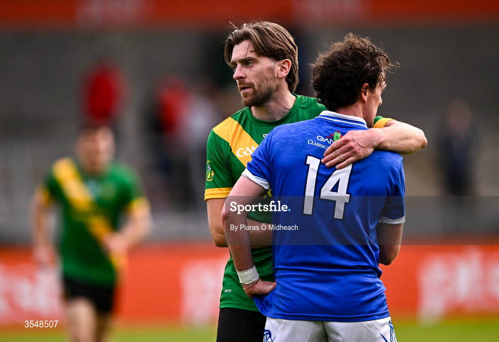 22 August 2026; Aaron Shorten of Thomas Davis and Stephen Smith of Skerries Harps after the PTSB Dublin Senior Club Football Championships Round 2 match between Skerries Harps and Thomas Davis at Parnell Park in Dublin. Photo by Piaras Ó Mídheach/Sportsfile