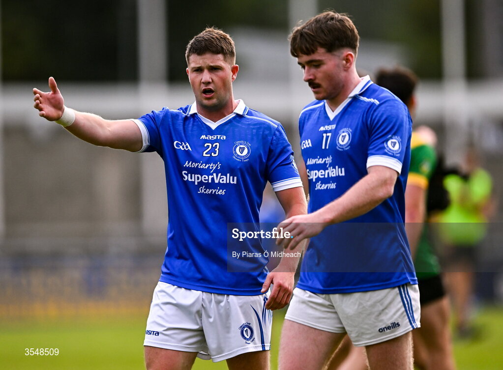 22 August 2026; Skerries Harps players Matthew Kelly, left, and Aidan Coleman after defeat in the PTSB Dublin Senior Club Football Championships Round 2 match between Skerries Harps and Thomas Davis at Parnell Park in Dublin. Photo by Piaras Ó Mídheach/Sportsfile