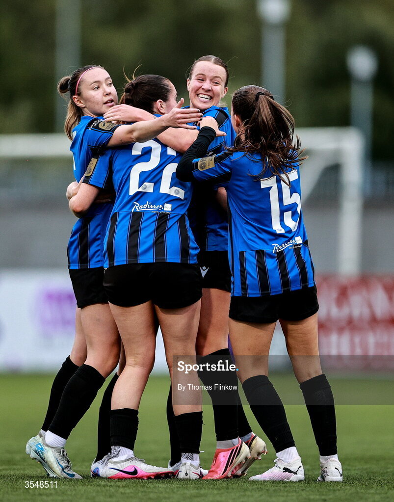 22 August 2026; Alexis Strickland of Athlone Town, second from right, celebrates with her teammates after scoring her side's first goal during the Club Orange Women’s FAI Cup semi-final match between Athlone Town and Galway United at Athlone Town Stadium in Lissywollen, Athlone. Photo by Thomas Flinkow/Sportsfile