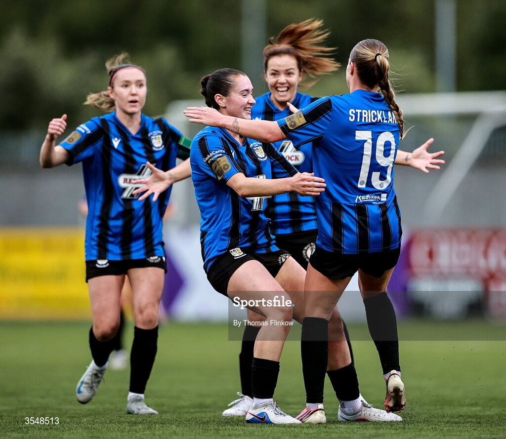 22 August 2026; Alexis Strickland of Athlone Town, right, celebrates with her teammates after scoring her side's first goal during the Club Orange Women’s FAI Cup semi-final match between Athlone Town and Galway United at Athlone Town Stadium in Lissywollen, Athlone. Photo by Thomas Flinkow/Sportsfile