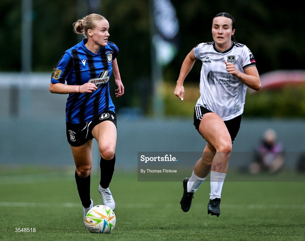 22 August 2026; Phoebe Hampson of Athlone Town in action against Ella Raimondi of Galway United during the Club Orange Women’s FAI Cup semi-final match between Athlone Town and Galway United at Athlone Town Stadium in Lissywollen, Athlone. Photo by Thomas Flinkow/Sportsfile