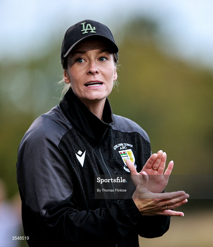 22 August 2026; Athlone Town head coach Lily Agg during the Club Orange Women’s FAI Cup semi-final match between Athlone Town and Galway United at Athlone Town Stadium in Lissywollen, Athlone. Photo by Thomas Flinkow/Sportsfile