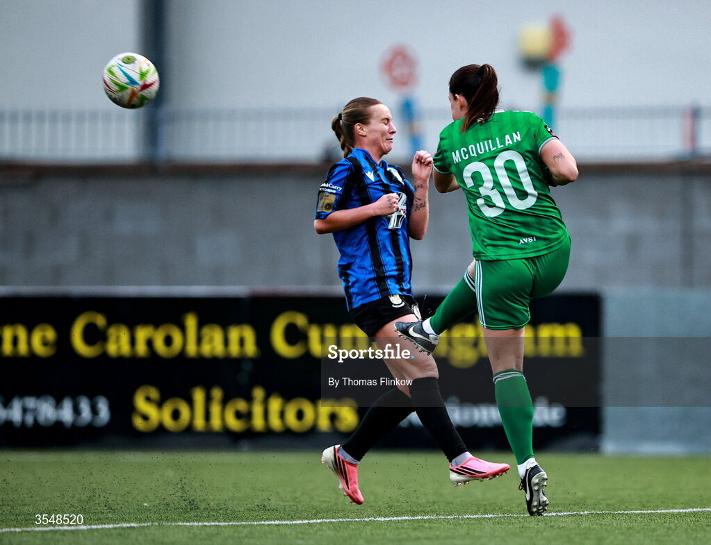 22 August 2026; Galway United goalkeeper Amanda McQuillan in action against Alexis Strickland of Athlone Town during the Club Orange Women’s FAI Cup semi-final match between Athlone Town and Galway United at Athlone Town Stadium in Lissywollen, Athlone. Photo by Thomas Flinkow/Sportsfile
