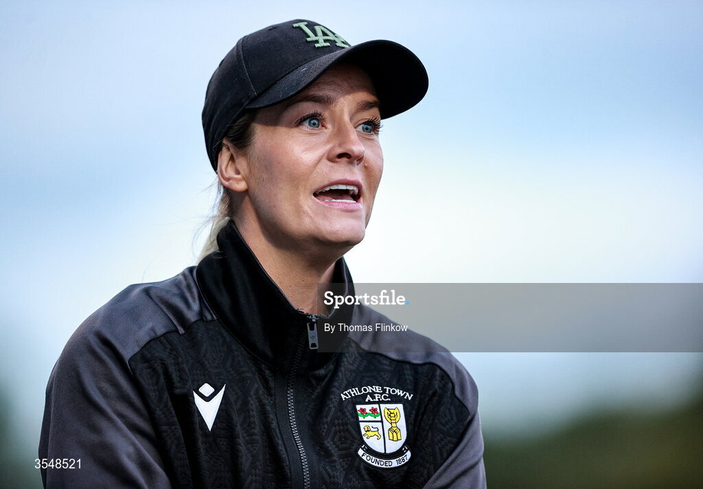 22 August 2026; Athlone Town head coach Lily Agg during the Club Orange Women’s FAI Cup semi-final match between Athlone Town and Galway United at Athlone Town Stadium in Lissywollen, Athlone. Photo by Thomas Flinkow/Sportsfile