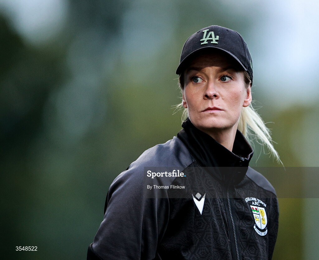 22 August 2026; Athlone Town head coach Lily Agg during the Club Orange Women’s FAI Cup semi-final match between Athlone Town and Galway United at Athlone Town Stadium in Lissywollen, Athlone. Photo by Thomas Flinkow/Sportsfile