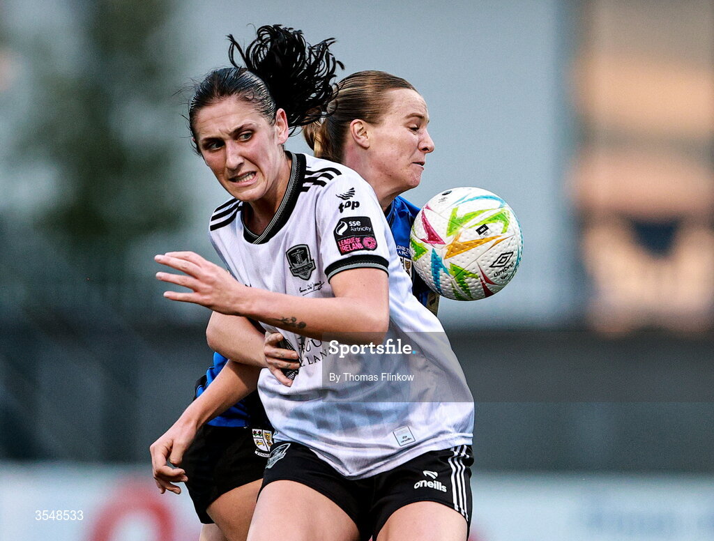 22 August 2026; Ella Raimondi of Galway United in action against Alexis Strickland of Athlone Town during the Club Orange Women’s FAI Cup semi-final match between Athlone Town and Galway United at Athlone Town Stadium in Lissywollen, Athlone. Photo by Thomas Flinkow/Sportsfile