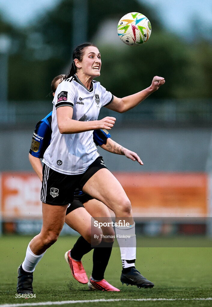 22 August 2026; Ella Raimondi of Galway United in action against Alexis Strickland of Athlone Town during the Club Orange Women’s FAI Cup semi-final match between Athlone Town and Galway United at Athlone Town Stadium in Lissywollen, Athlone. Photo by Thomas Flinkow/Sportsfile