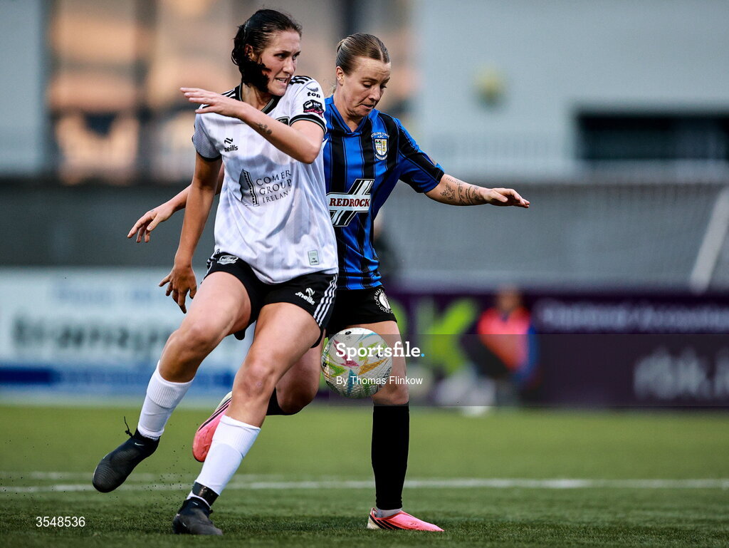 22 August 2026; Ella Raimondi of Galway United in action against Alexis Strickland of Athlone Town during the Club Orange Women’s FAI Cup semi-final match between Athlone Town and Galway United at Athlone Town Stadium in Lissywollen, Athlone. Photo by Thomas Flinkow/Sportsfile