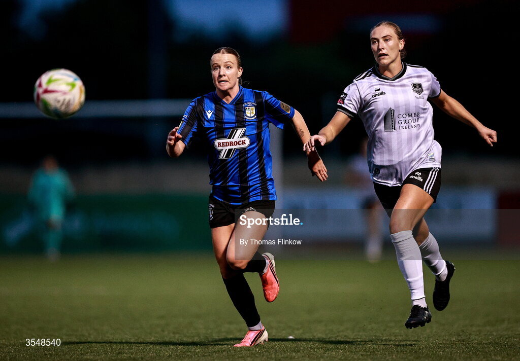 22 August 2026; Alexis Strickland of Athlone Town in action against Jade Rehberger of Galway United during the Club Orange Women’s FAI Cup semi-final match between Athlone Town and Galway United at Athlone Town Stadium in Lissywollen, Athlone. Photo by Thomas Flinkow/Sportsfile