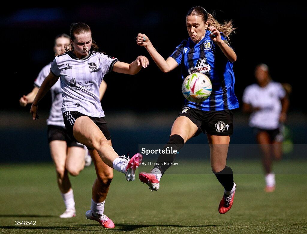 22 August 2026; Madison Gibson of Athlone Town Lucy Jayne Grant of Galway United during the Club Orange Women’s FAI Cup semi-final match between Athlone Town and Galway United at Athlone Town Stadium in Lissywollen, Athlone. Photo by Thomas Flinkow/Sportsfile