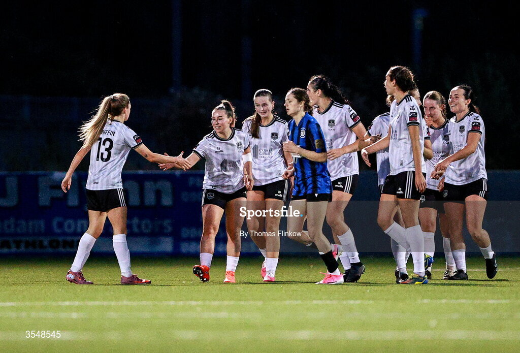22 August 2026; Cara Griffin of Galway United, 13, celebrates with her teammates after scoring her side's first goal during the Club Orange Women’s FAI Cup semi-final match between Athlone Town and Galway United at Athlone Town Stadium in Lissywollen, Athlone. Photo by Thomas Flinkow/Sportsfile
