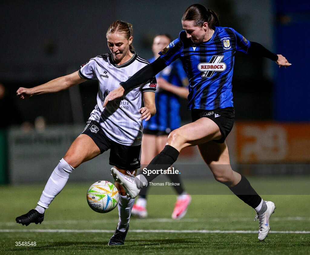 22 August 2026; Hazel Donegan of Athlone Town in action against Jade Rehberger of Galway United during the Club Orange Women’s FAI Cup semi-final match between Athlone Town and Galway United at Athlone Town Stadium in Lissywollen, Athlone. Photo by Thomas Flinkow/Sportsfile